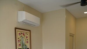 Een woonkamer met een beige bank, een airconditioning, een lijst met kunstwerk, een deur en een afvalbak.