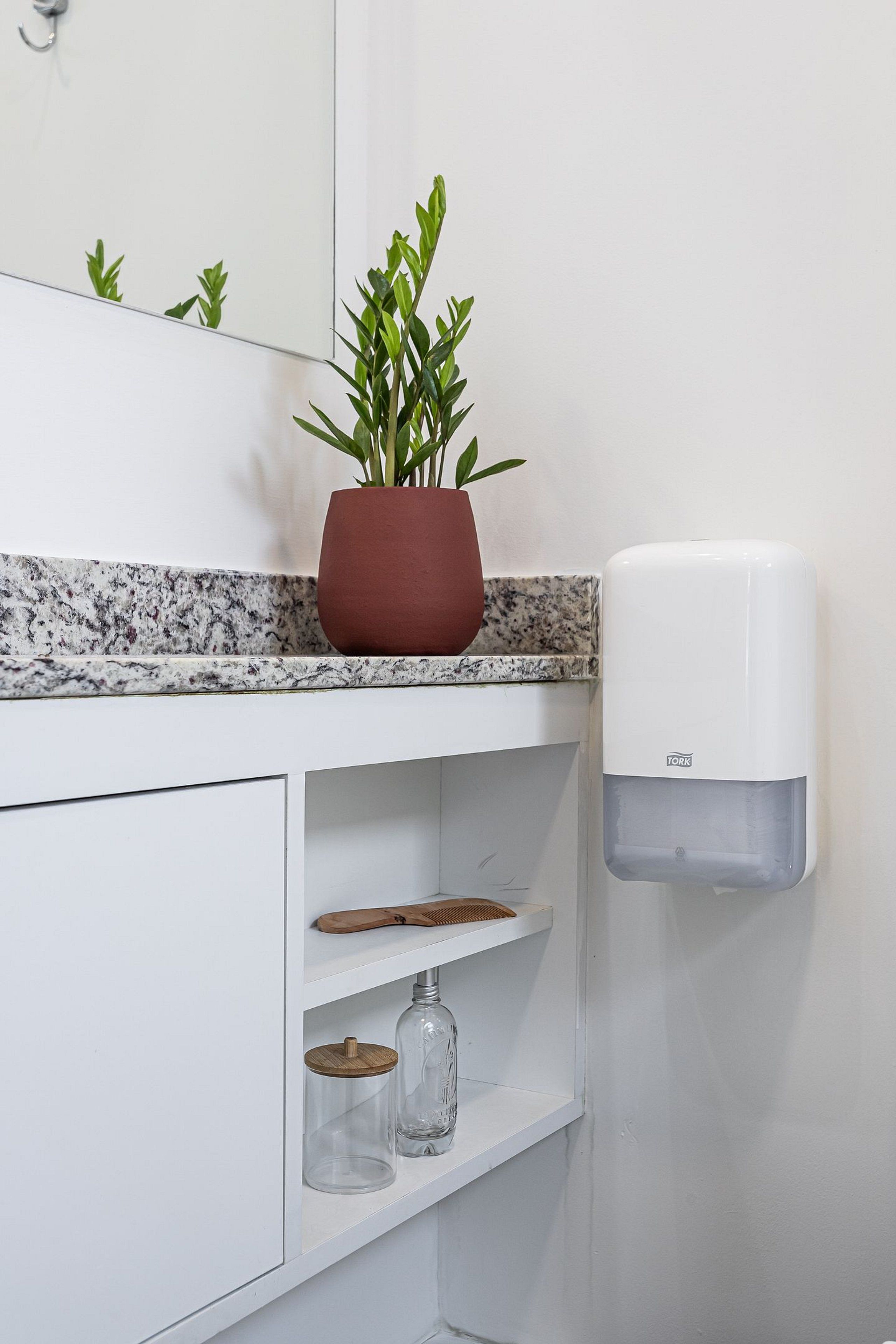 Un baño con encimera de granito, una planta en maceta, dispensador de jabón y estantes con un tarro y un objeto de madera.
