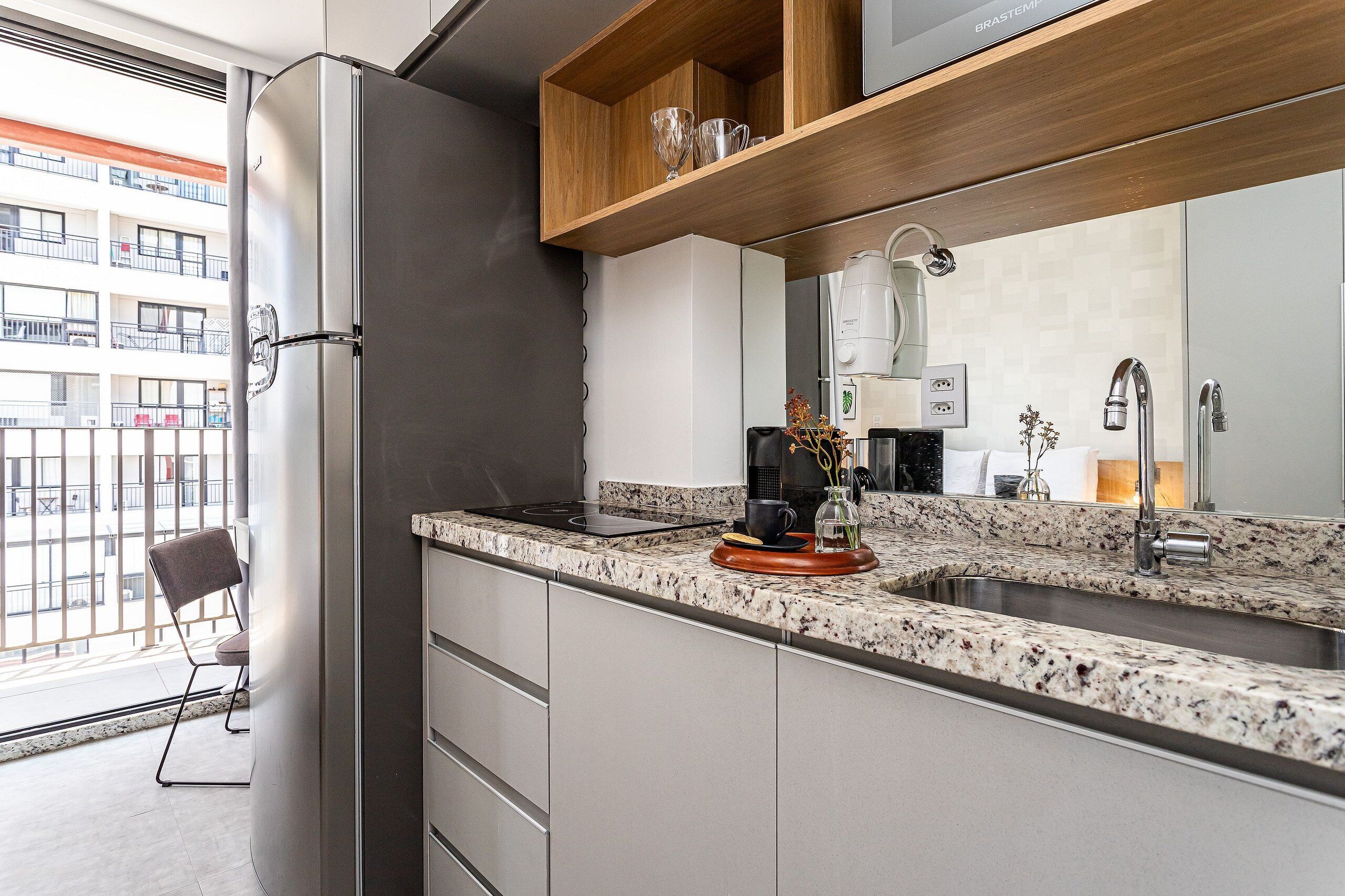 Fridge, microwave, cookware/dishes/utensils