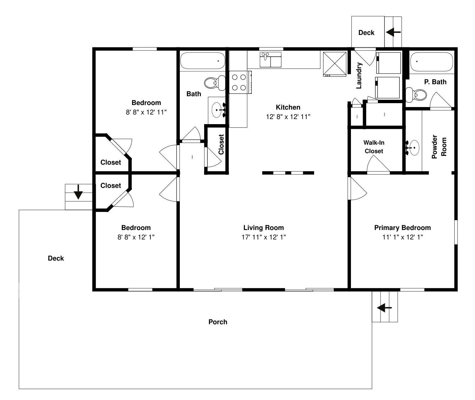 Un plan d’étage d’une maison comprenant deux chambres, une cuisine, un salon, une salle de bain, des toilettes, un dressing et une véranda.