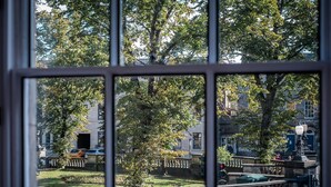 A view through a window with a stone balustrade, a tree, and a building in the background. - Dalton Sq Apartments (Lancaster)