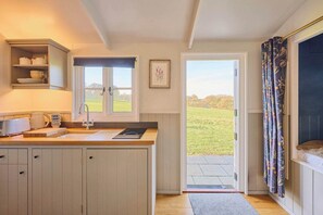 Fridge, microwave, electric kettle, toaster