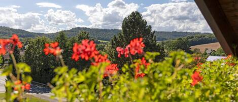 Vista de un paisaje rural con un árbol destacado y flores rojas en primer plano.