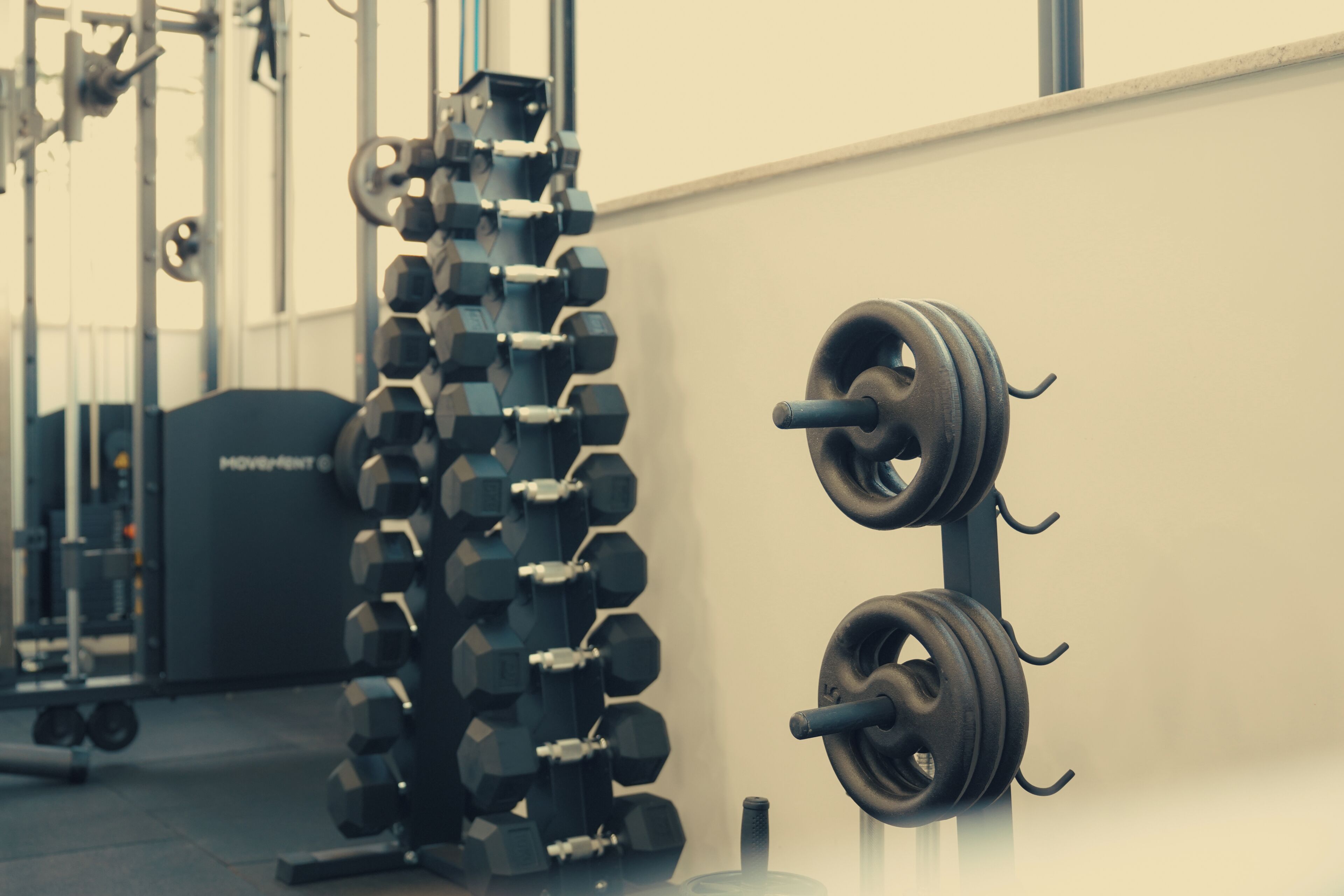 Un gimnasio con equipo de levantamiento de pesas, incluyendo mancuernas y barras.