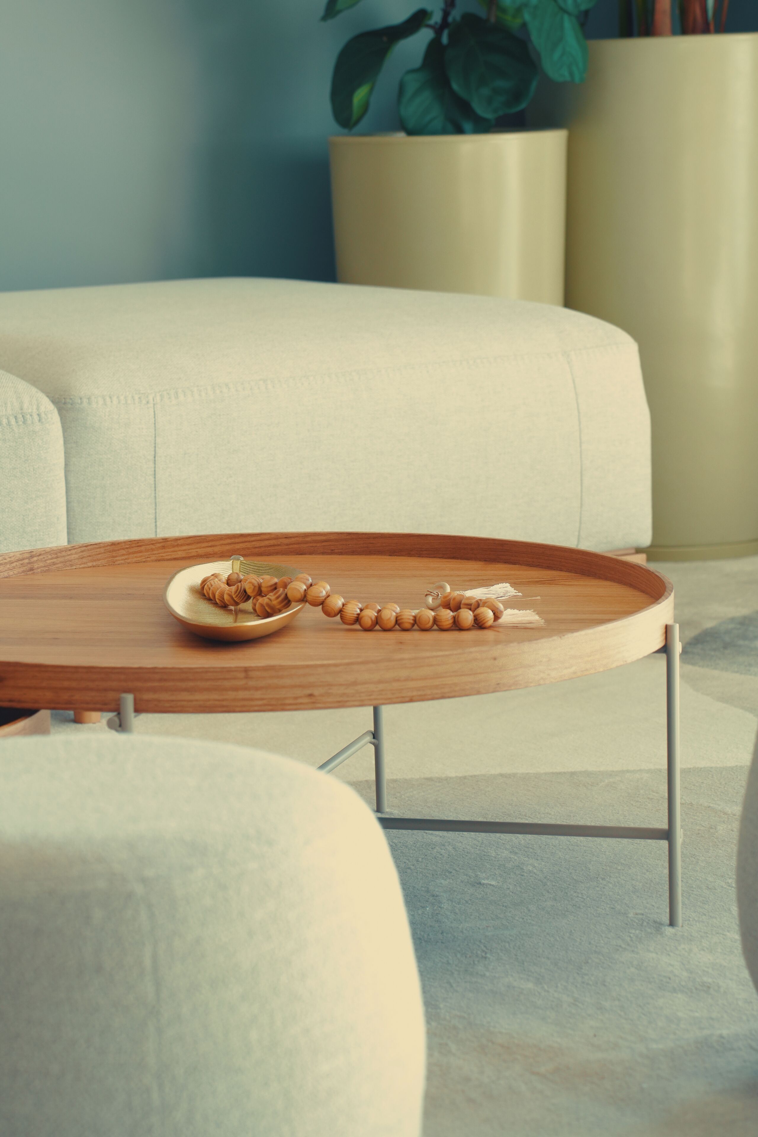 A modern living room with a wooden coffee table, a bowl of nuts, and a potted plant.