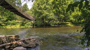 A suspension bridge over a river surrounded by dense greenery.