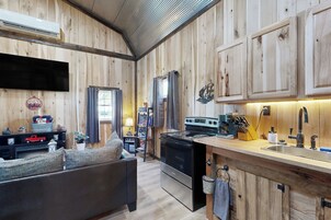 Un interior acogedor de cabaña con sala de estar, kitchenette y paredes de madera.