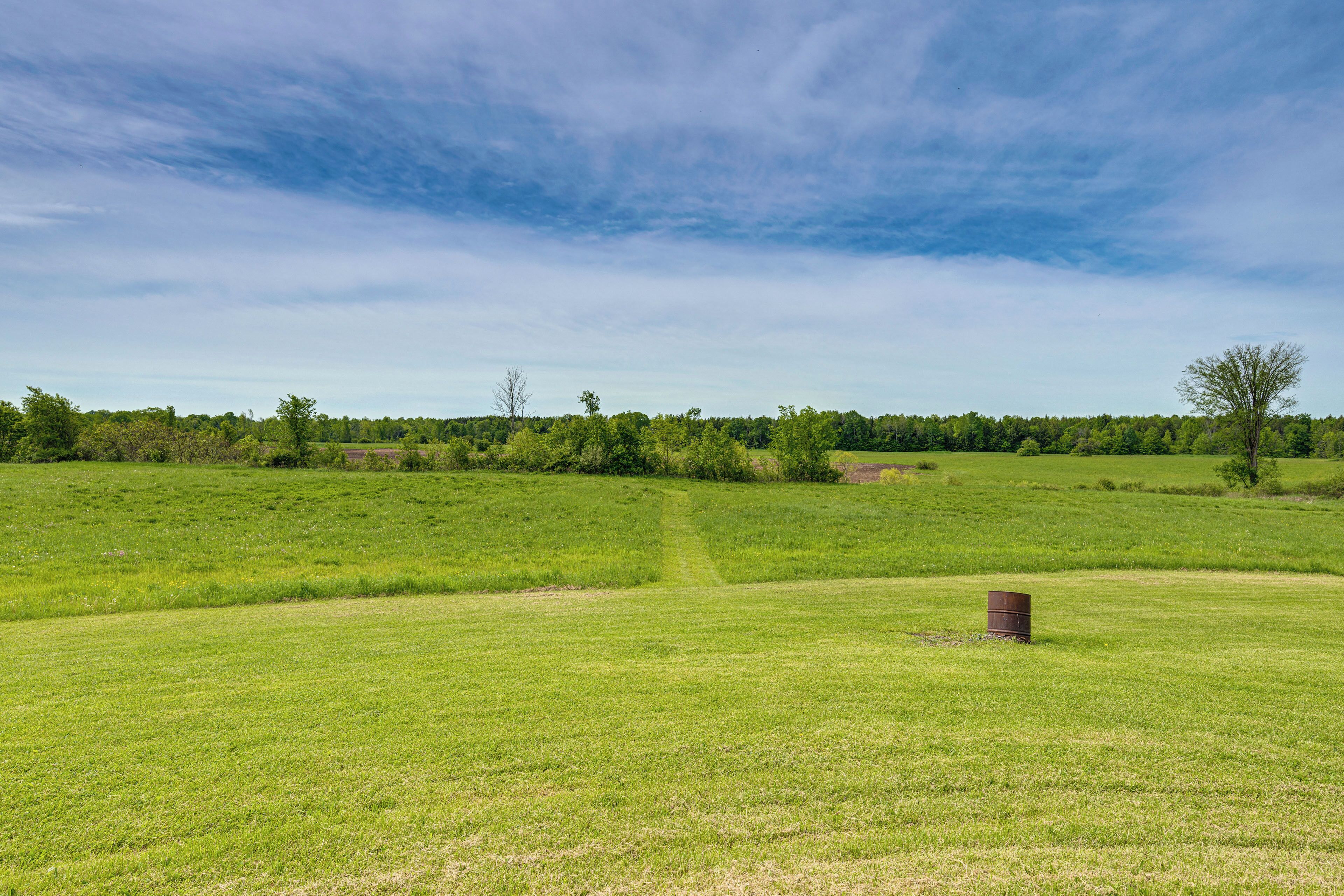 Un campo extenso y cubierto de hierba con cielo despejado.