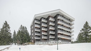 A multi-story building with balconies, surrounded by snow and trees. - Nice Apt for 4 pers near the slopes (Chamrousse)