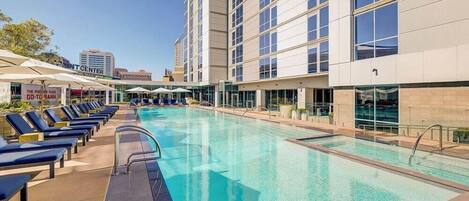 Outdoor pool, pool umbrellas, sun loungers