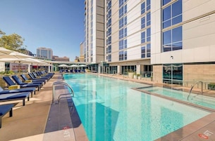 Outdoor pool, pool umbrellas, pool loungers