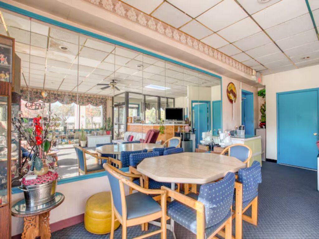 Share meals and conversations around the casual communal table.
