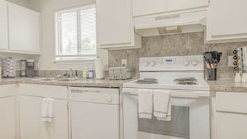 Microwave, oven, coffee/tea maker, cookware/dishes/utensils