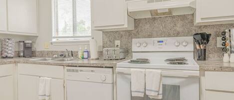 Microwave, oven, coffee/tea maker, cookware/dishes/utensils