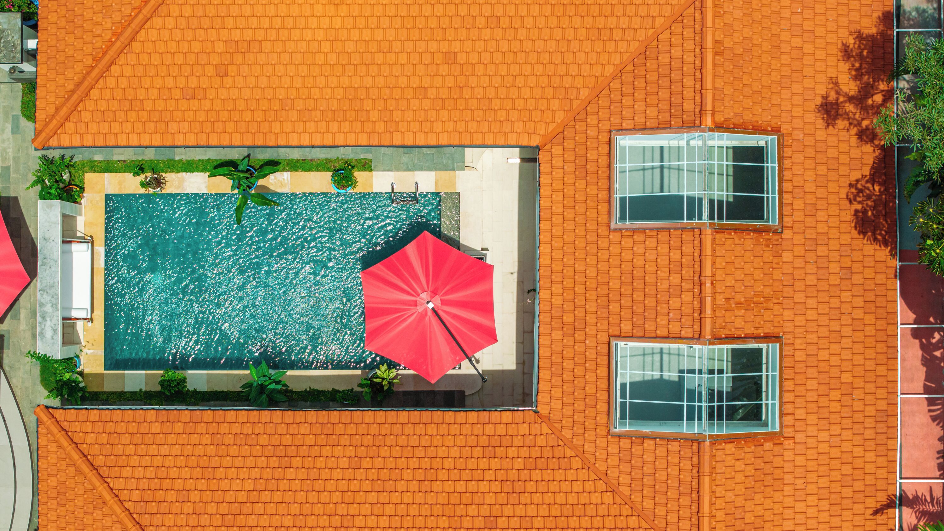 屋外プール、プール パラソル、サンラウンジャー