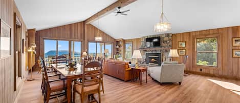 Televisión, chimenea y libros