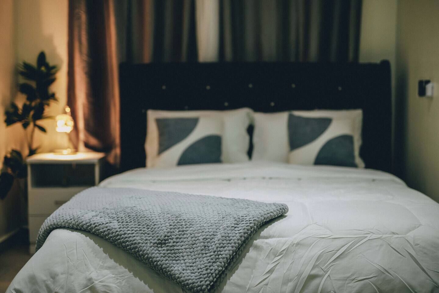 A neatly made bed with a white comforter and a gray throw blanket, a dark headboard, and a bedside table with a lamp and a plant.