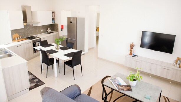 Un appartement moderne comprenant une cuisine, un coin repas et un salon.