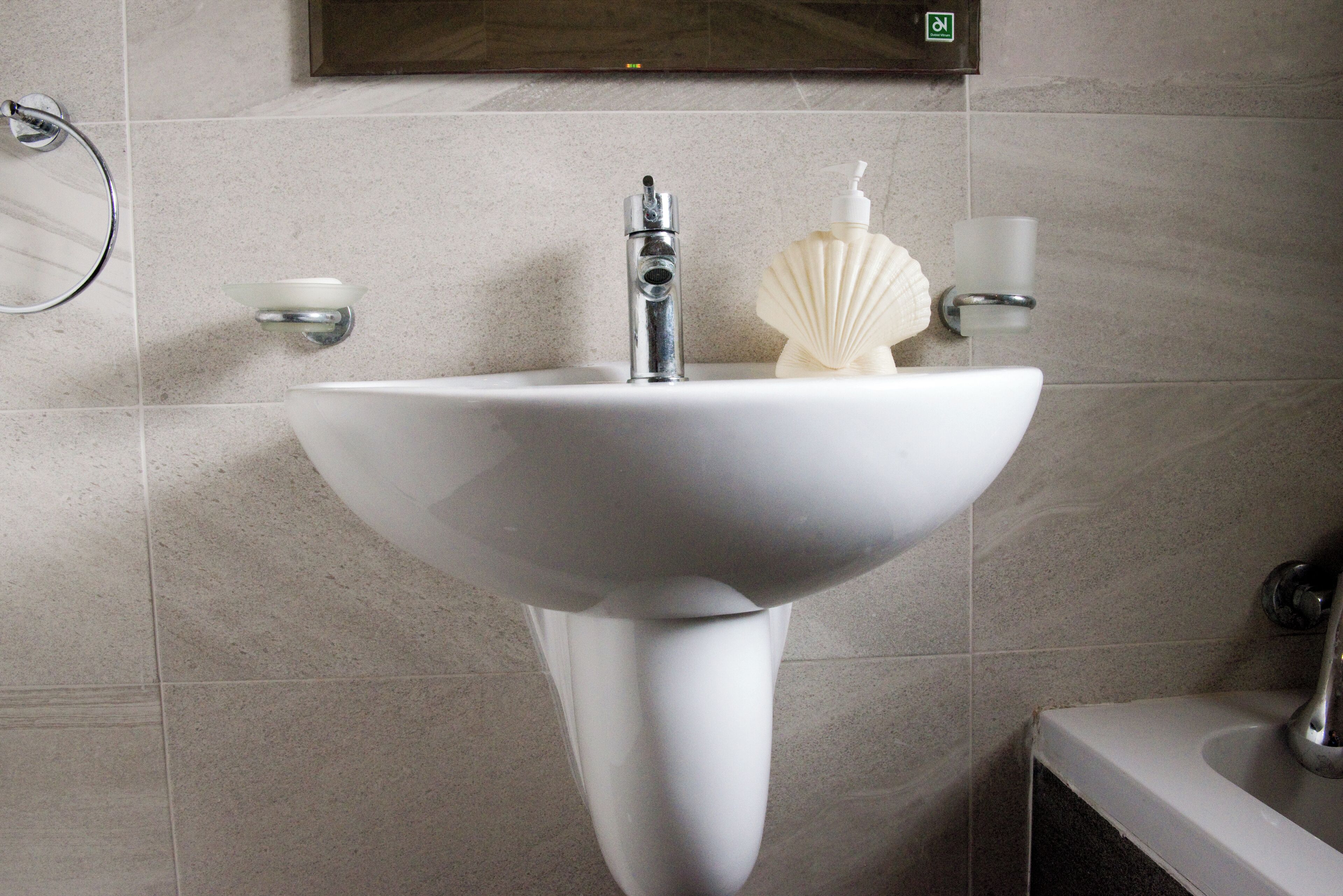 Un baño moderno con un lavamanos pedestal grande de color blanco, un dispensador de jabón de mano y un jabonero de vidrio.