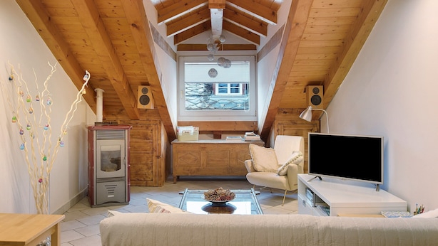Une pièce de style « loft » avec un plafond en pente, des poutres en bois, une télévision, un canapé, une petite table et un vase décoratif.
