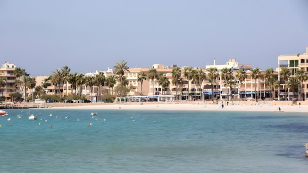 Un hôtel en bord de mer offrant une vue sur la plage, des palmiers et un ciel dégagé.
