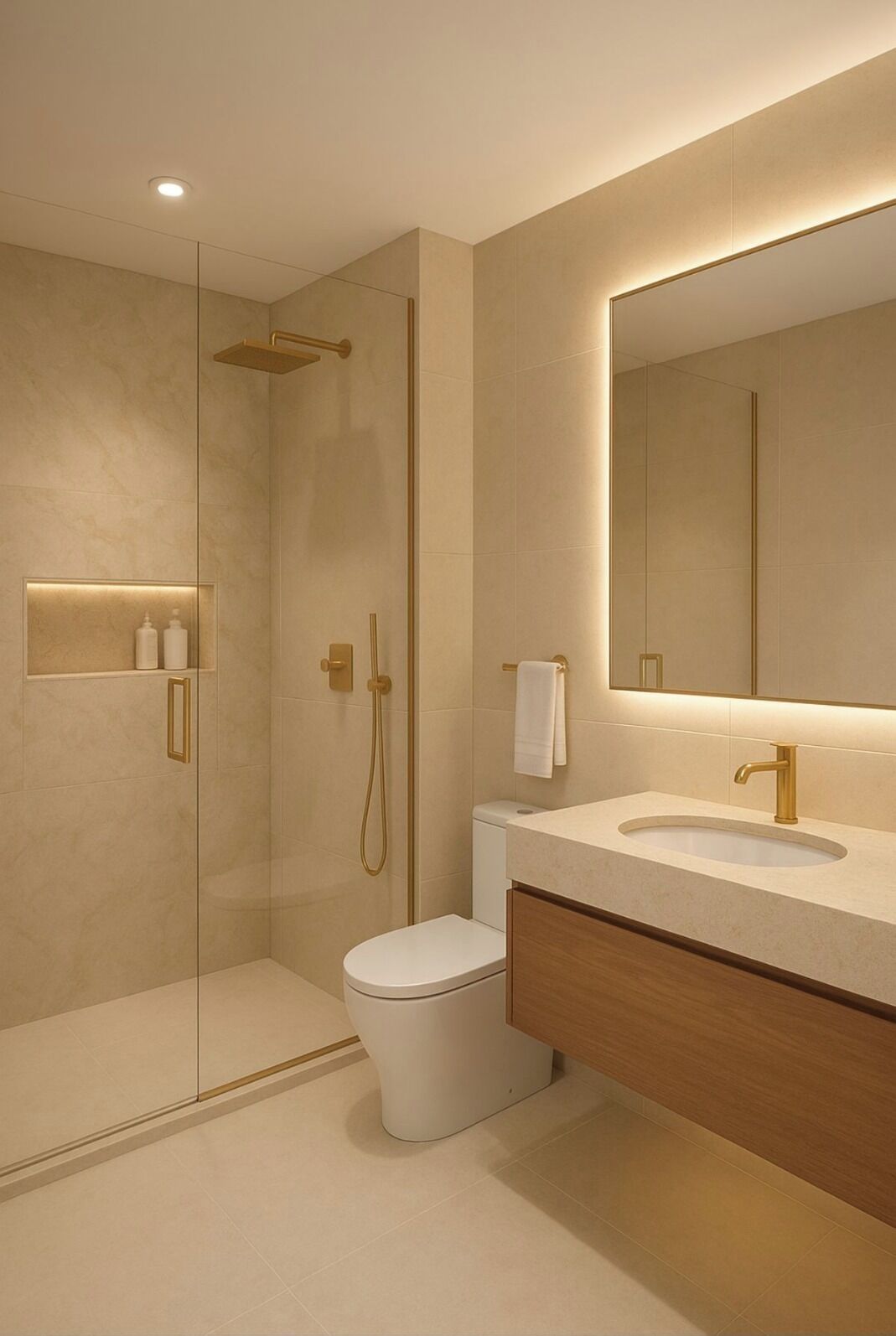 Shower, towels, soap, shampoo