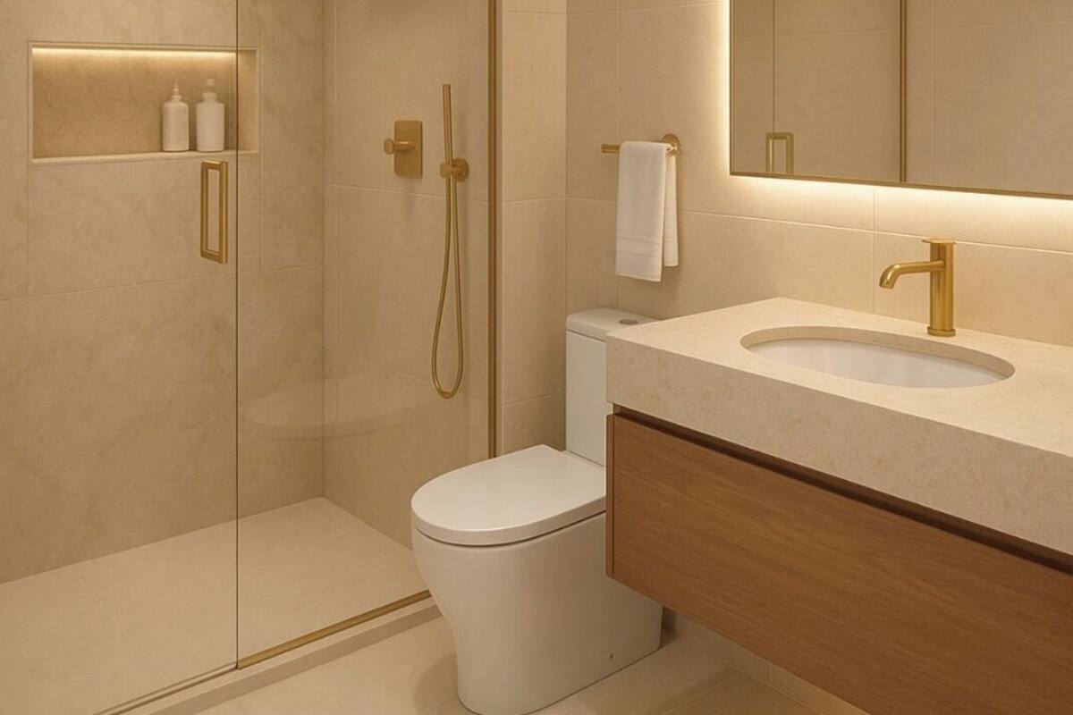 Un baño moderno con ducha de vidrio, inodoro y tocador con lavamanos y espejo.