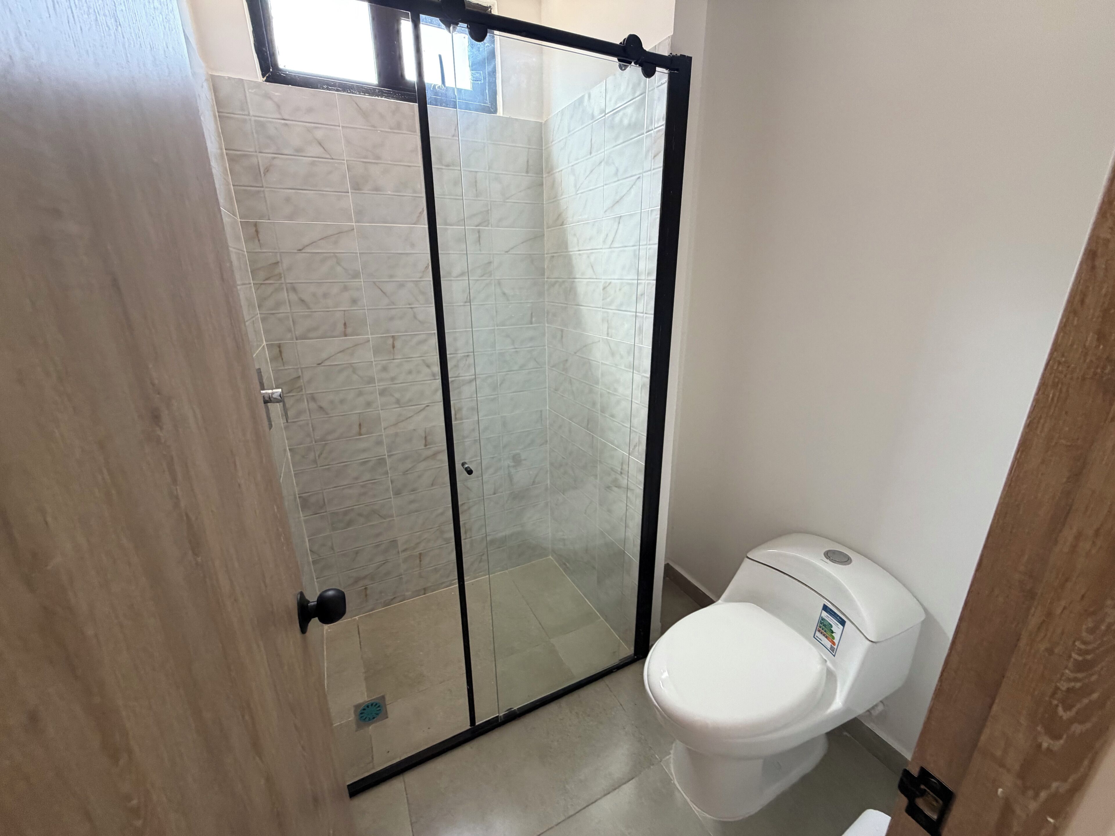 A bathroom with a shower enclosure, a toilet, and a door leading to another room.