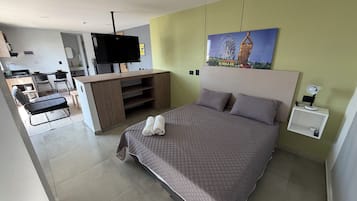 Desk, laptop workspace, free WiFi, bed sheets
