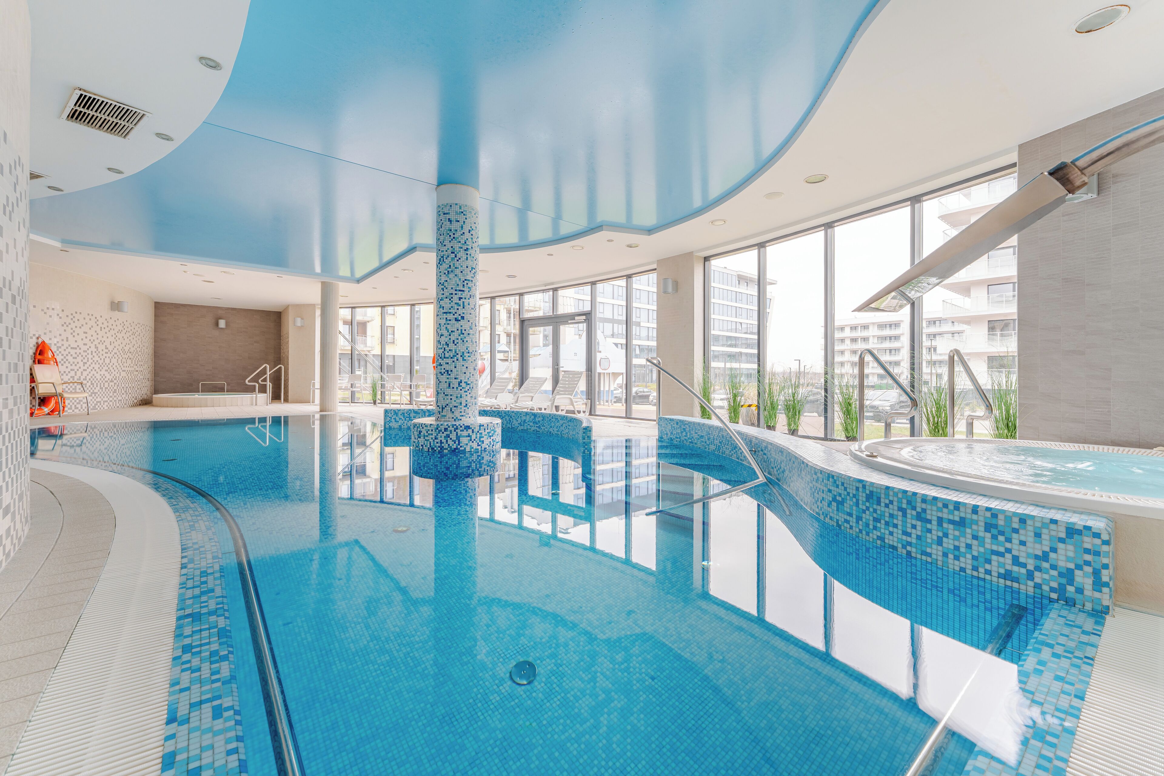 Indoor pool, open 10:00 AM to 8:00 PM, sun loungers, lifeguards on site