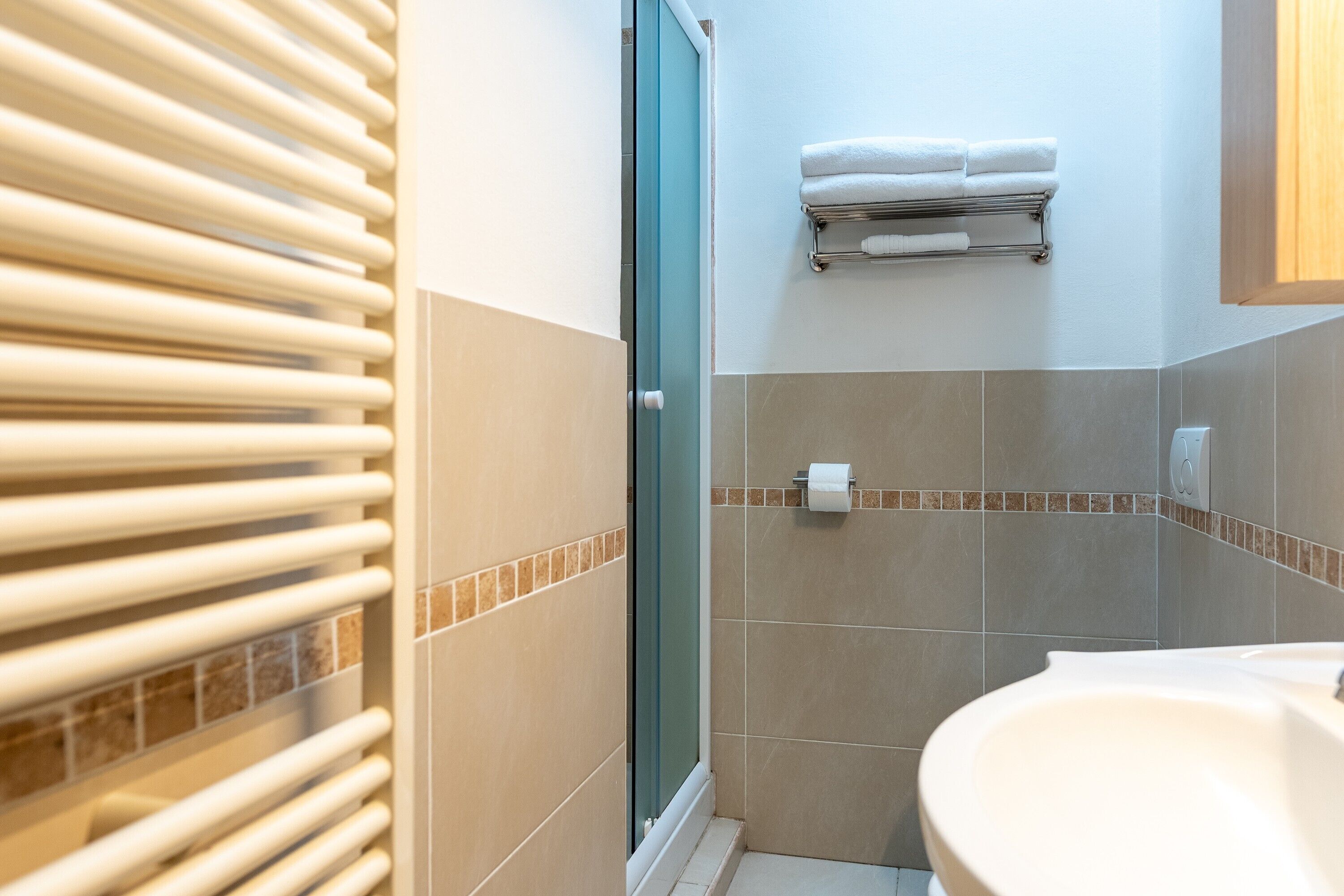 Shower, hair dryer, towels