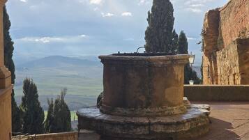 An outdoor courtyard with a stone fountain, a tall tree, and a view of distant hills.