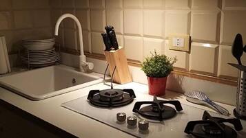 Kühlschrank, Mikrowelle, Herdplatte, Wasserkocher mit Kaffee-/Teezubehör