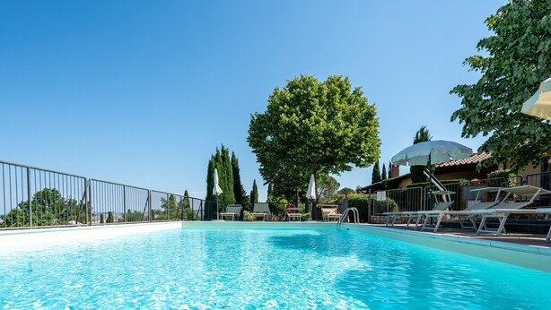 Une piscine avec des chaises longues, un grand arbre et un bâtiment surmonté d’un dôme.