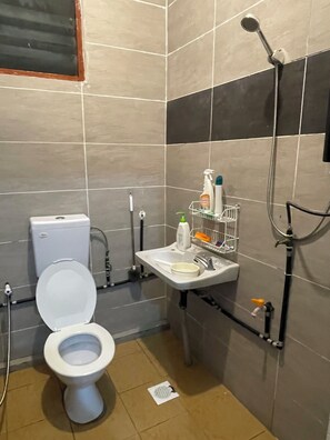 Een douche, een haardroger, een bidet, handdoeken