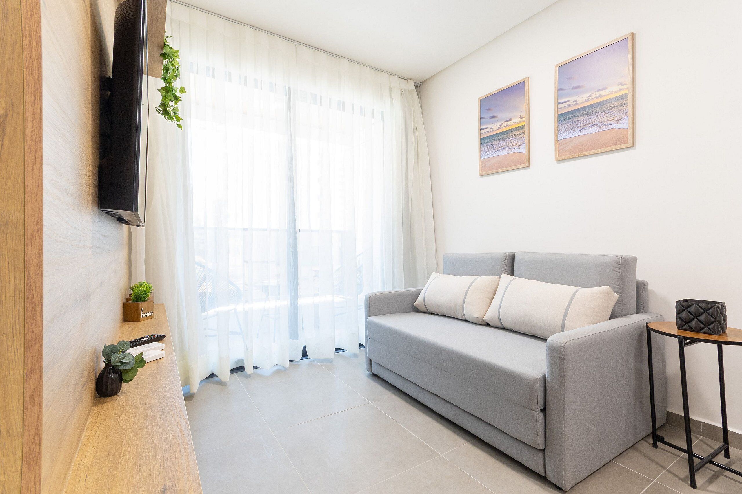 Una sala de estar moderna con un sofá gris, un televisor de pantalla plana montado en una pared de madera, una mesita con una planta y dos cuadros en la pared.