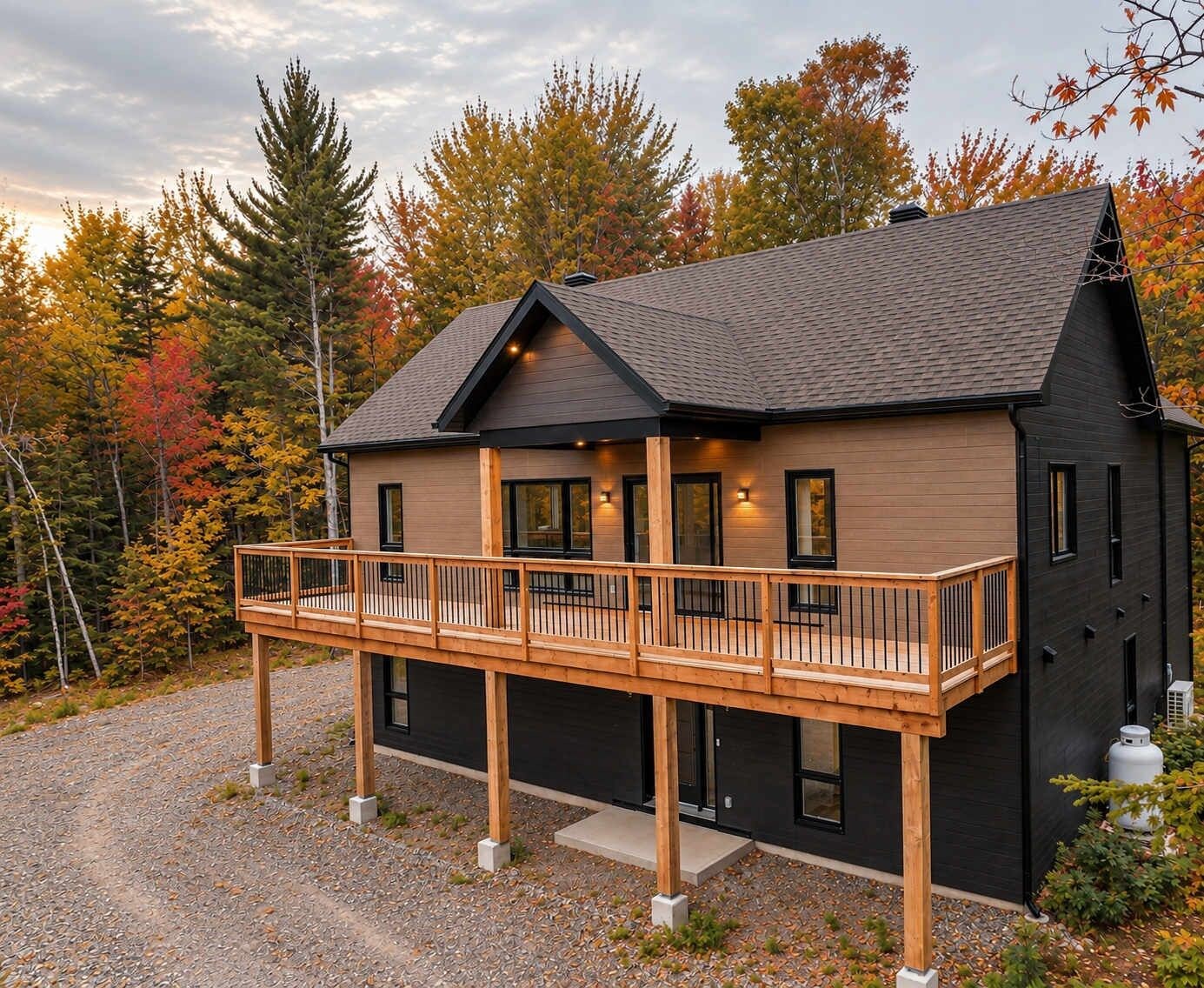 A modern two-story house with a wooden deck and a black exterior.