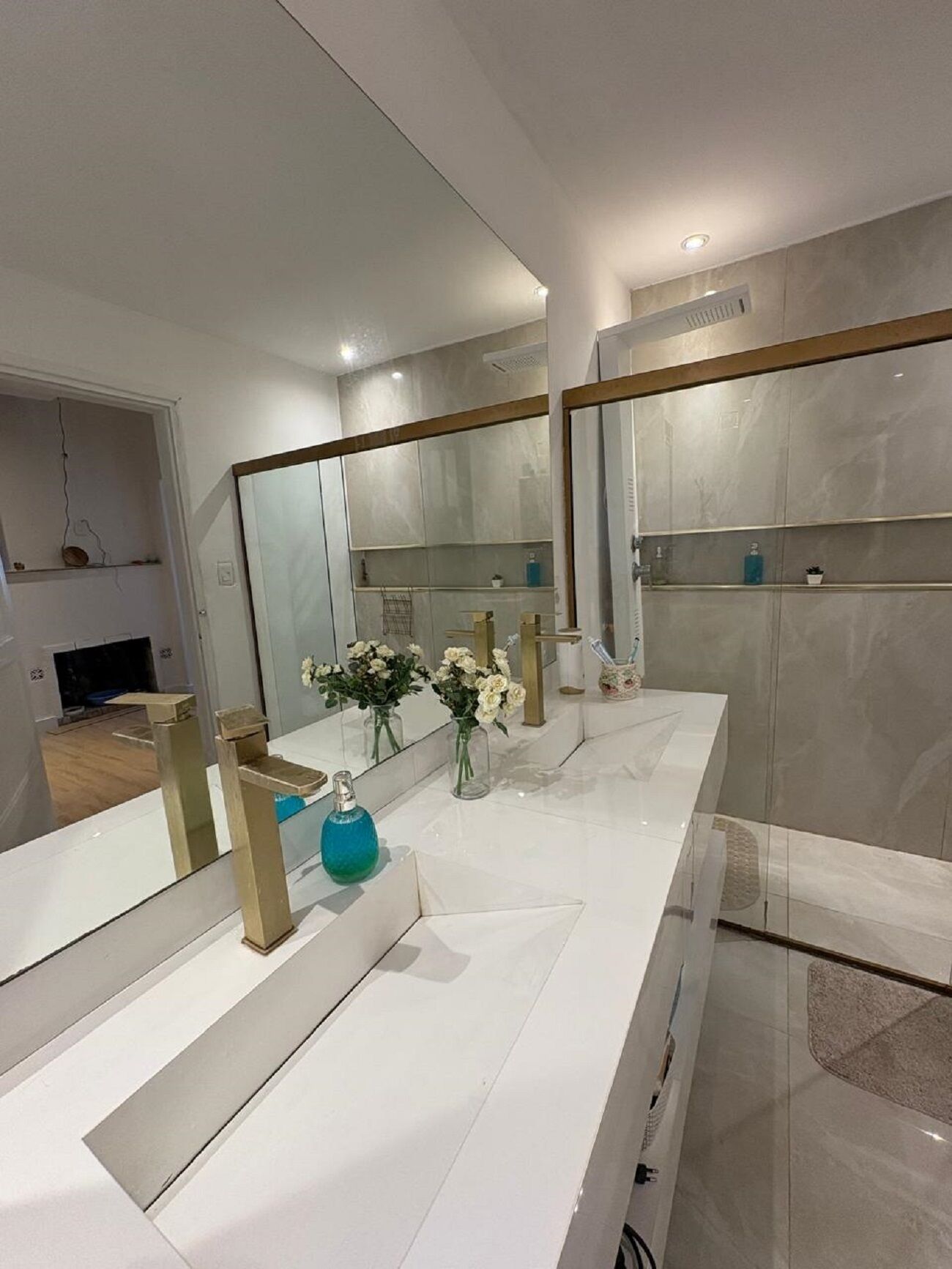 Hair dryer, bidet, towels, soap