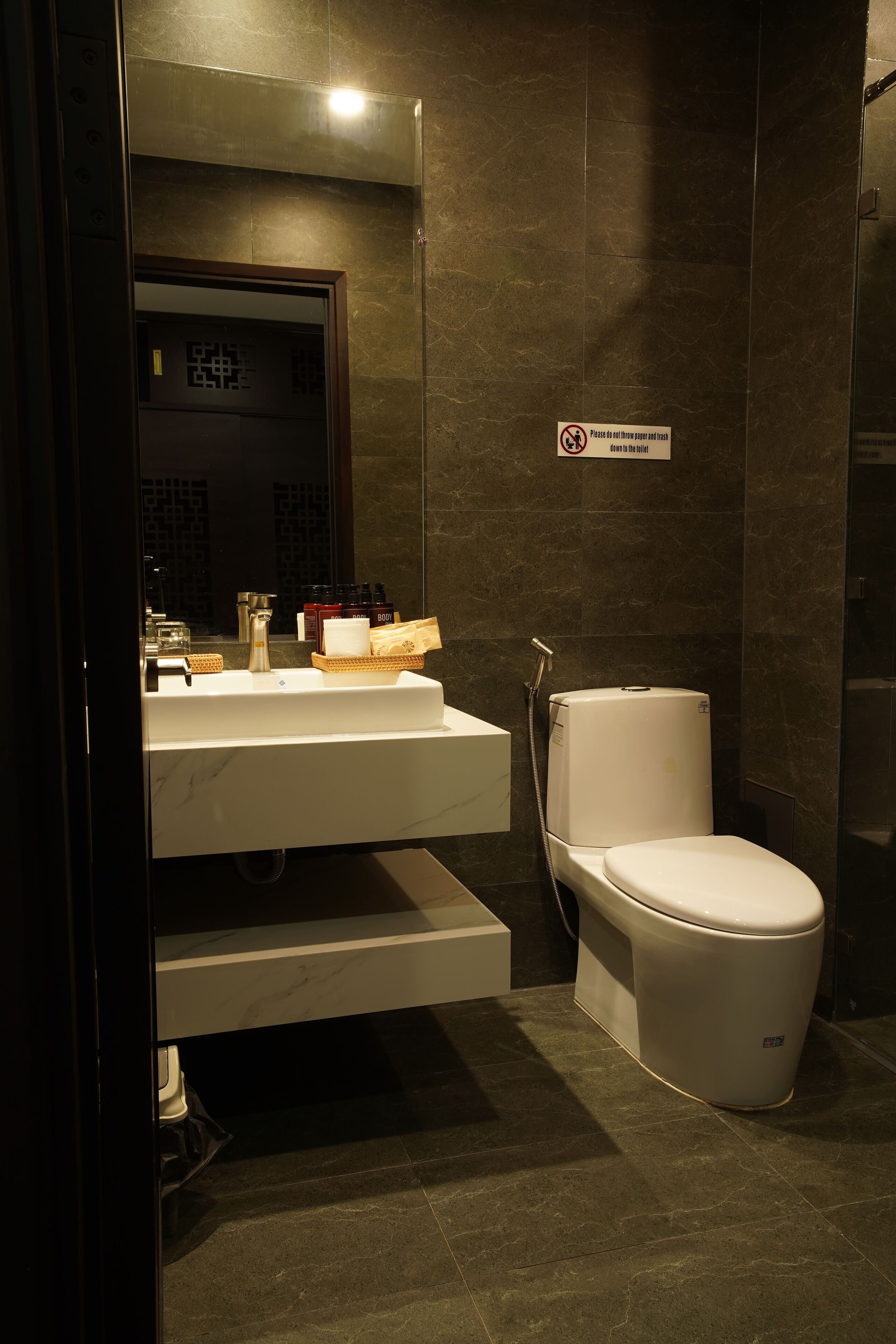 Shower, slippers, soap, shampoo