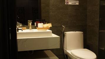 Shower, slippers, soap, shampoo