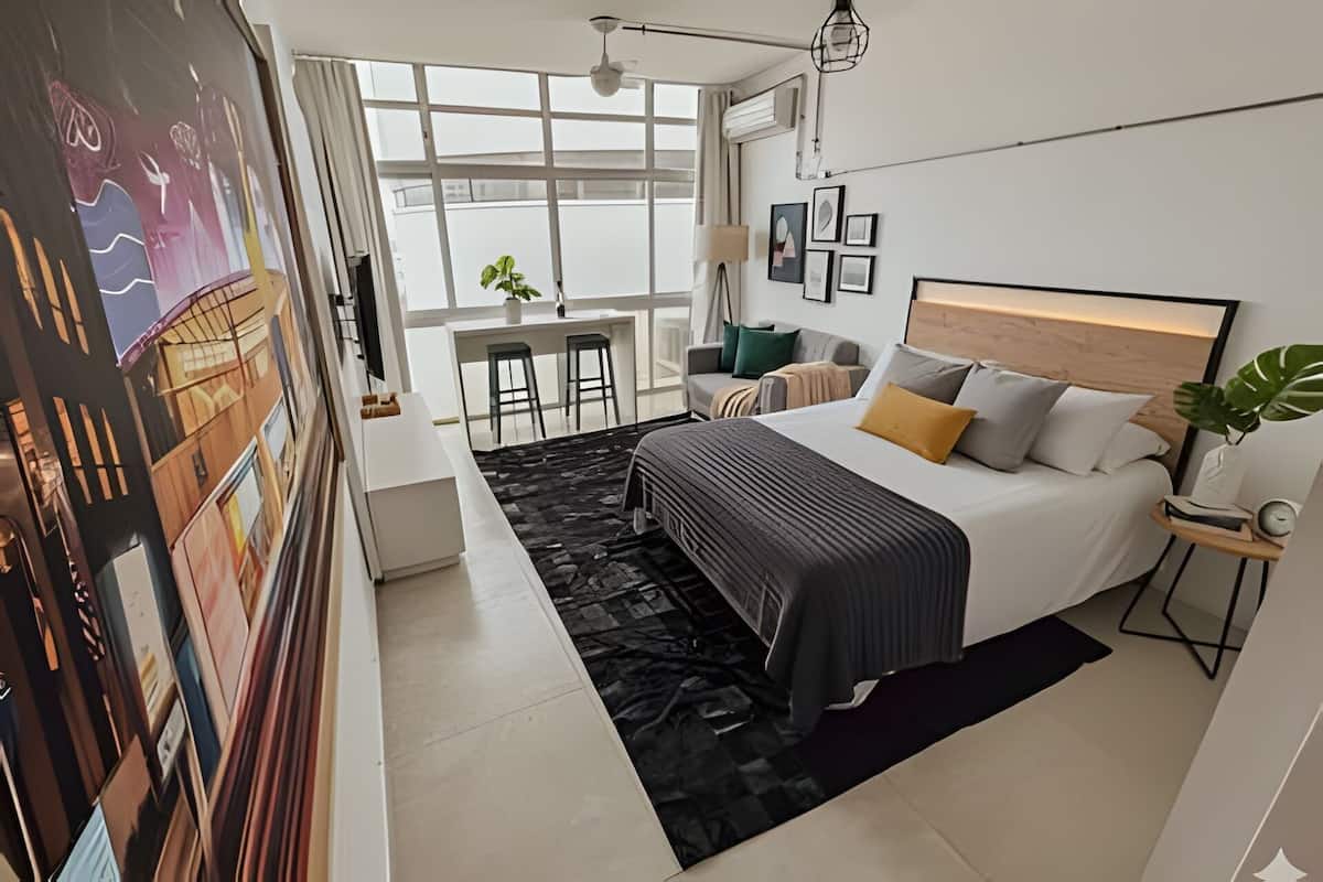 A modern bedroom with a large bed, a desk, and a chair. There is a window with a view of buildings outside.