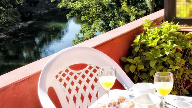 Una mesa con un plato de comida, una jarrón y dos vasos de una bebida amarilla, con vista a un río y vegetación.