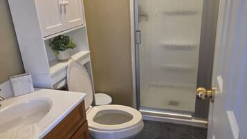 Shower, towels, toilet paper