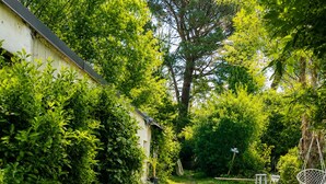 A garden path leading to a building with a white exterior and a large tree in the background. - CLOS DU PIN - 6 pers ( Gite N°2 du domaine du Pin) (LANGUIDIC)