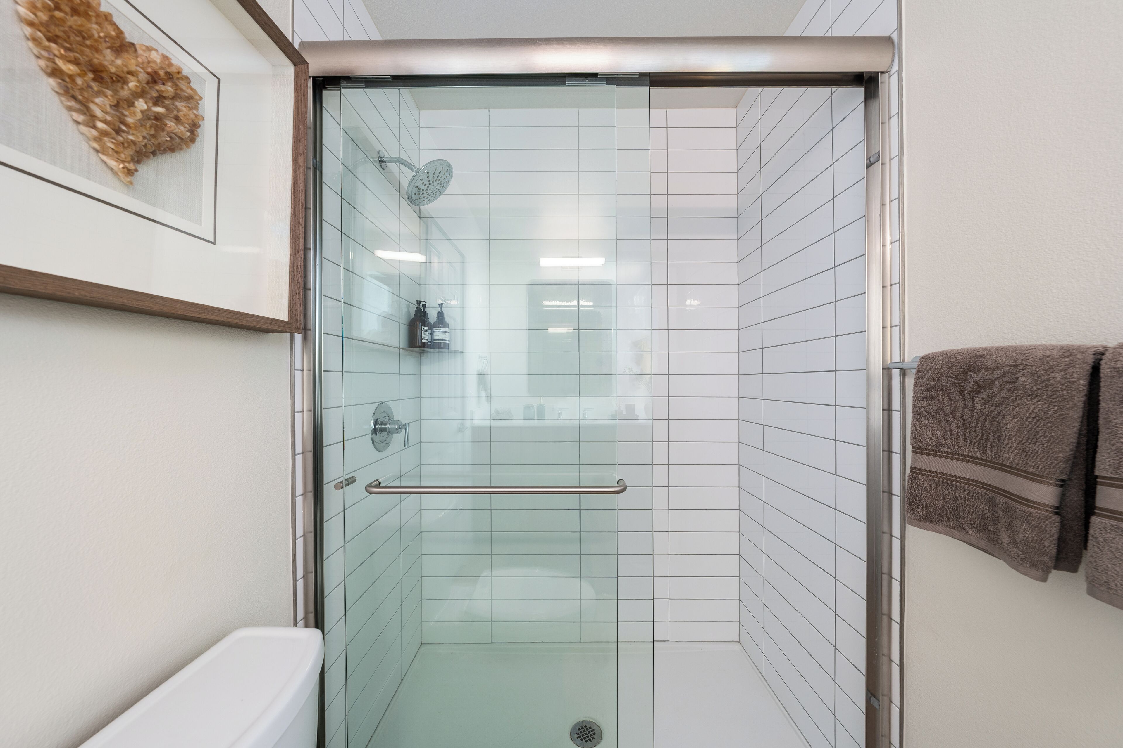 A glass-enclosed shower with a handrail, white tiled walls, and a visible toilet in the adjacent room.