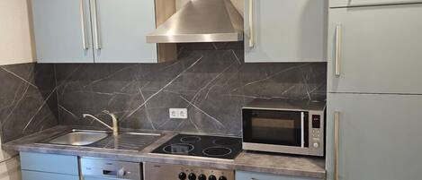 Frigorífico, microondas, horno y placa de cocina