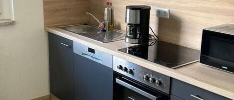 Frigorífico, microondas, horno y placa de cocina