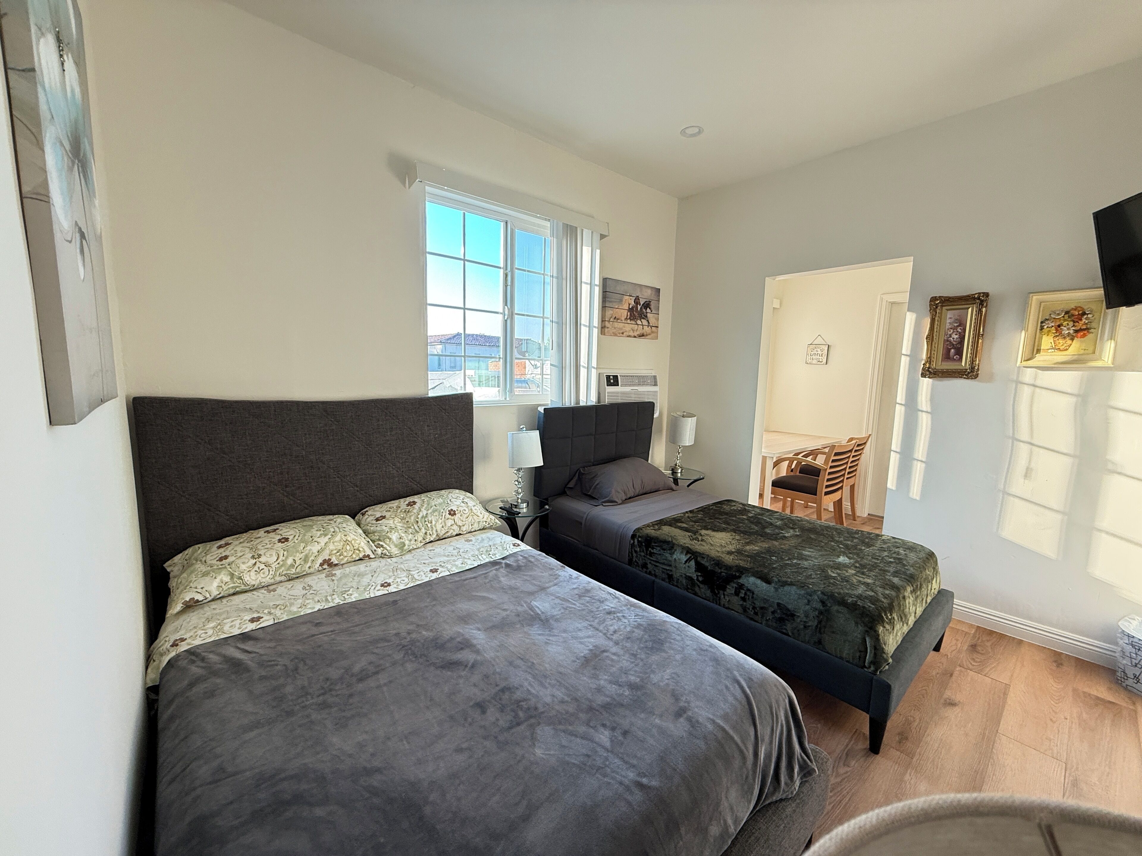 Desk, laptop workspace, blackout drapes, soundproofing