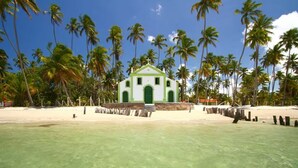 A small, green building with a white roof, surrounded by palm trees and a sandy beach. - Carneiros Beach Resort (Tamandaré)