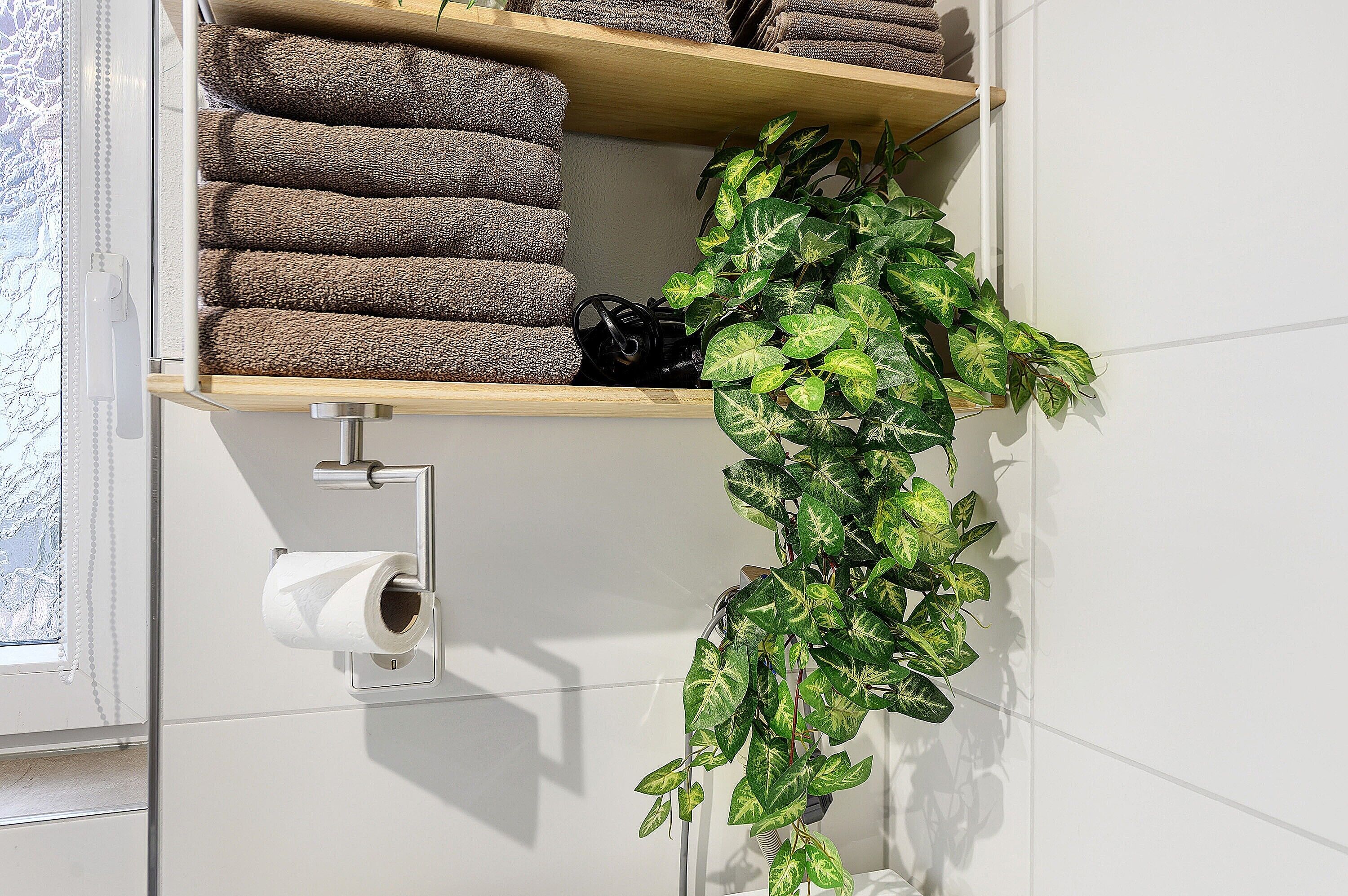 A bathroom with a toilet paper holder, a shelf with towels, and a potted plant.
